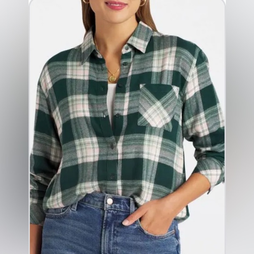 Market & Spruce Plaid Shirt in green, Pink, and White